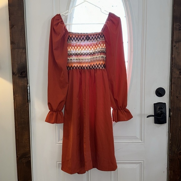 SHEIN Midi Embroidered Smocked Rust Dress Womens Size S US 4/EU 36 - Picture 4 of 5